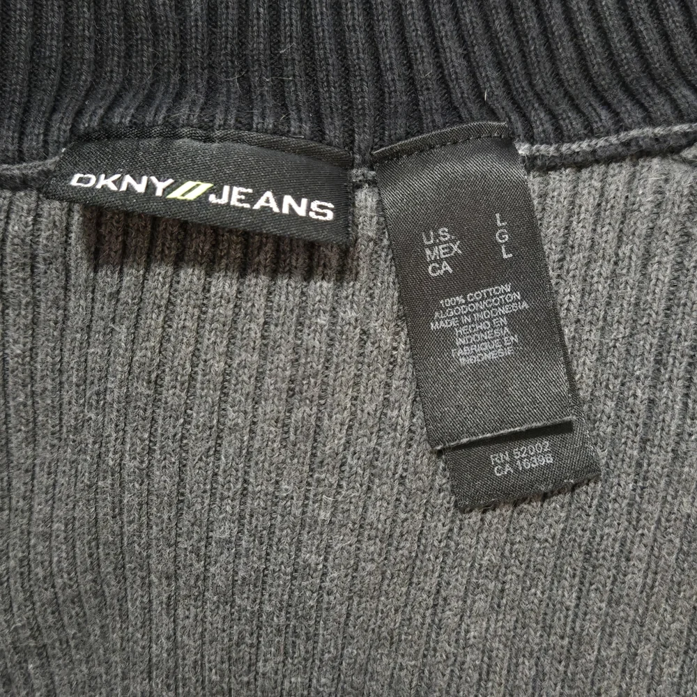 DKNY Gray Ribbed Zip-Up Sweater Cardigan Size Large Retro, 100% Cotton, Y2K Cute